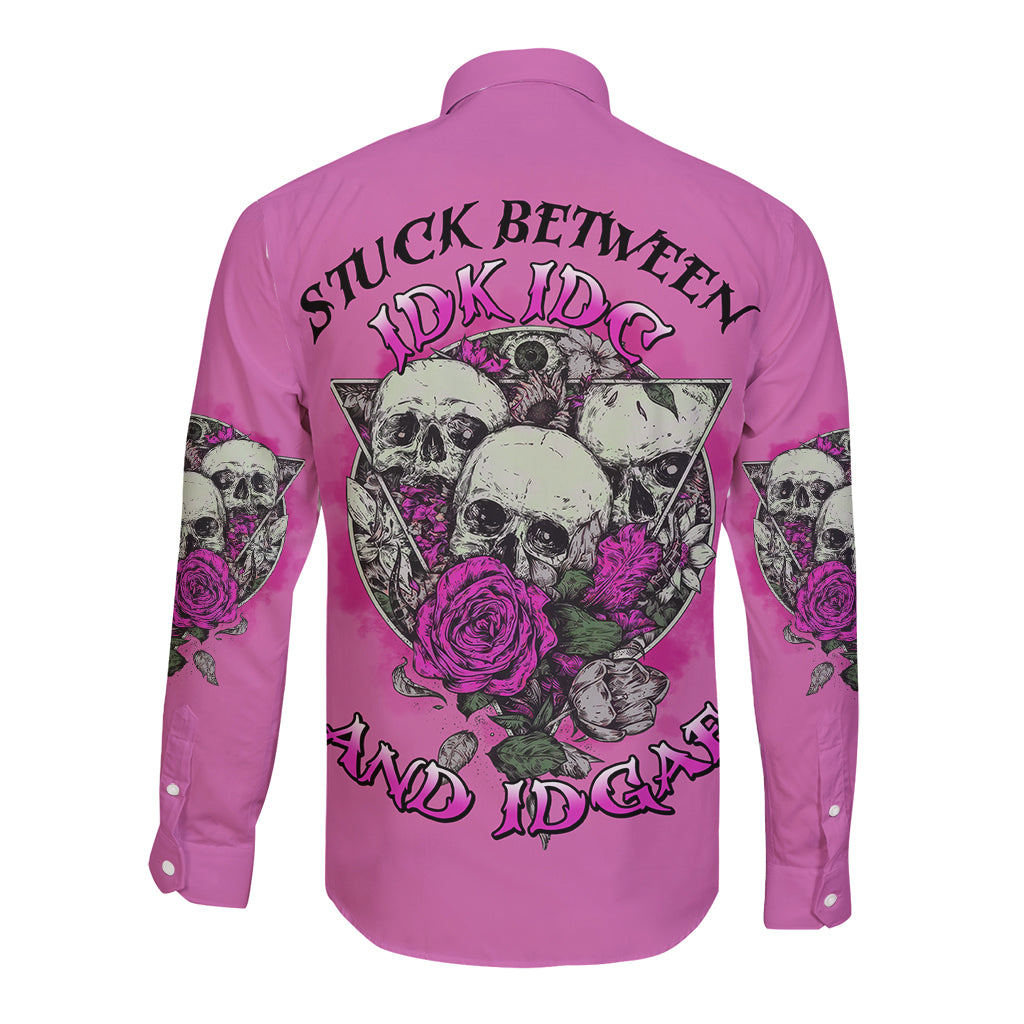 Stuck Between Idk Idc And IDGAF Pink Long Sleeve Button Shirt - Wonder Print Shop