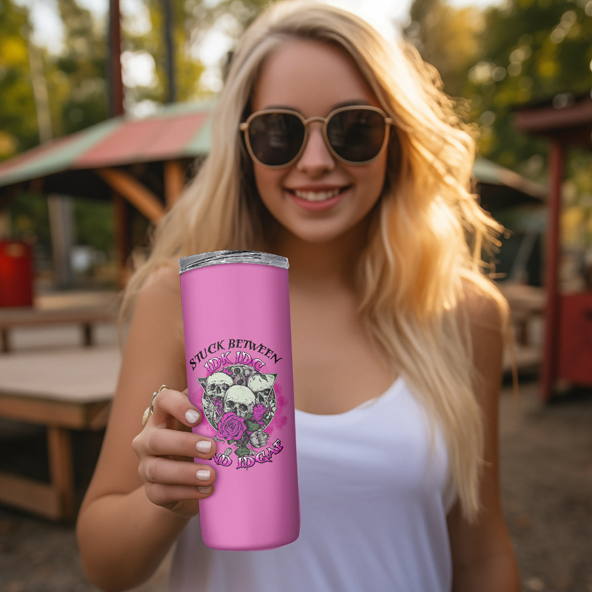 Stuck Between Idk Idc And IDGAF Pink Skinny Tumbler - Wonder Print Shop