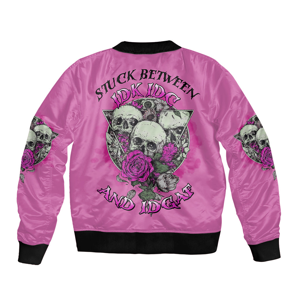 Stuck Between Idk Idc And IDGAF Pink Sleeve Zip Bomber Jacket - Wonder Print Shop