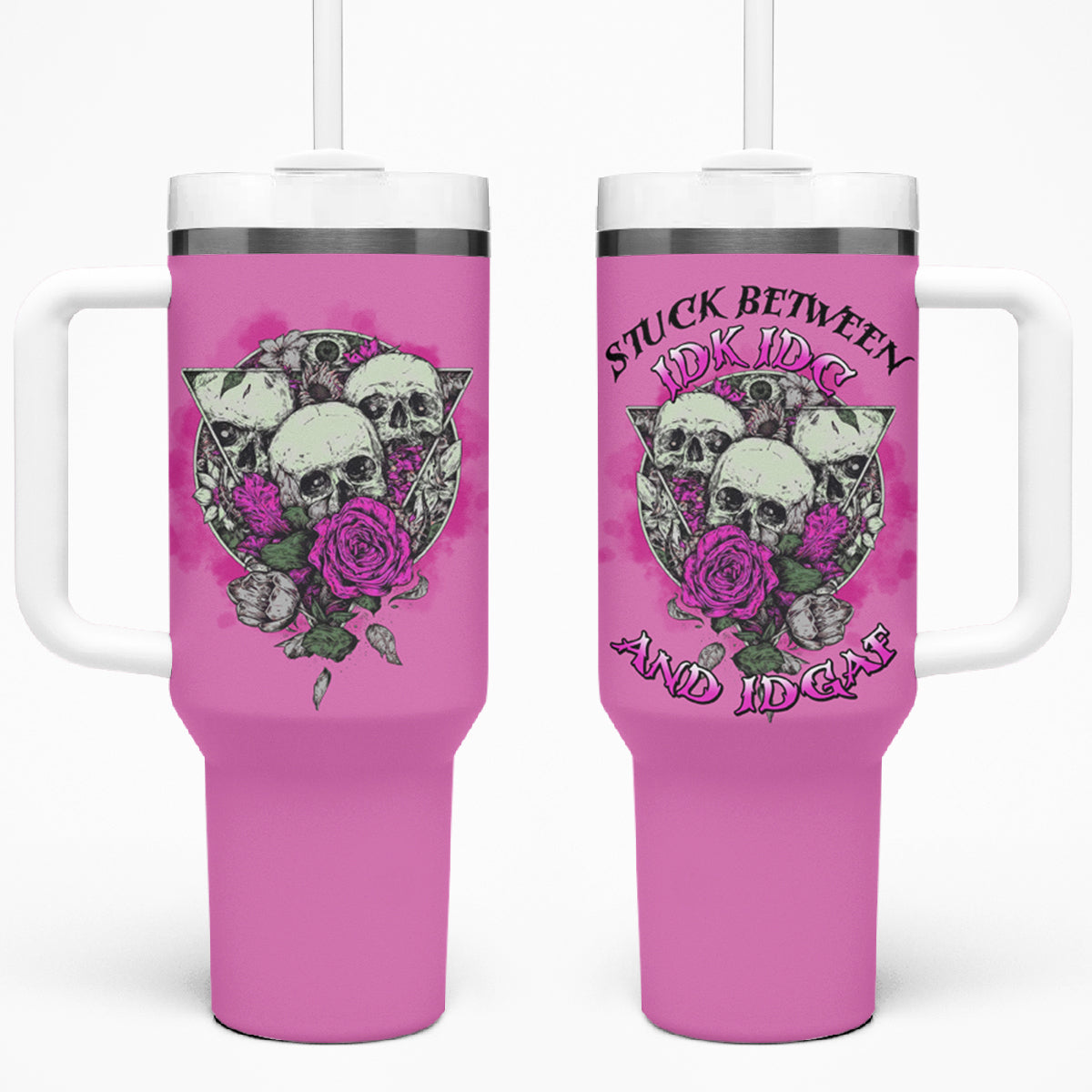 Stuck Between Idk Idc And IDGAF Pink Tumbler With Handle - Wonder Print Shop