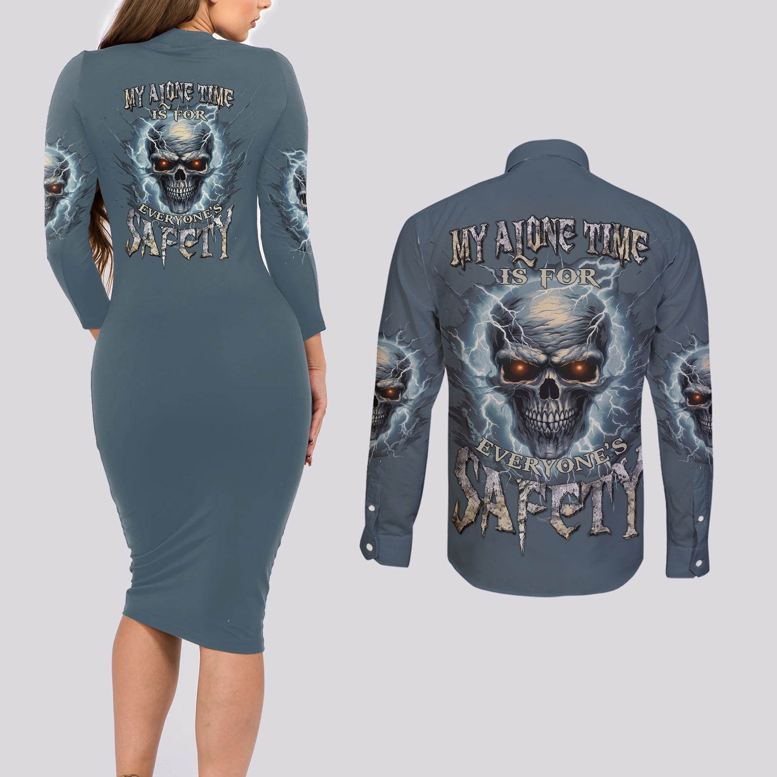 My Alone Time Is For Everyone's Safety Couples Matching Long Sleeve Bodycon Dress and Long Sleeve Button Shirt - Wonder Print Shop