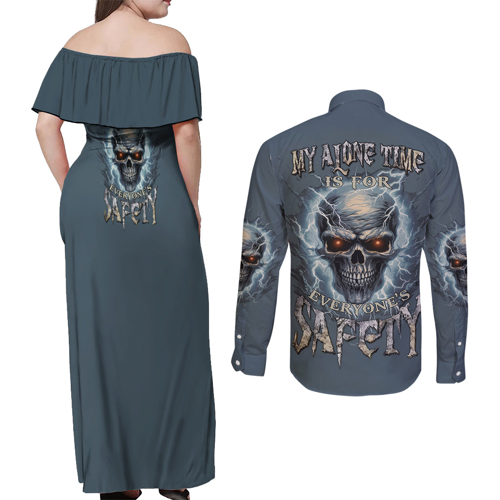 My Alone Time Is For Everyone's Safety Couples Matching Off Shoulder Maxi Dress and Long Sleeve Button Shirt - Wonder Print Shop