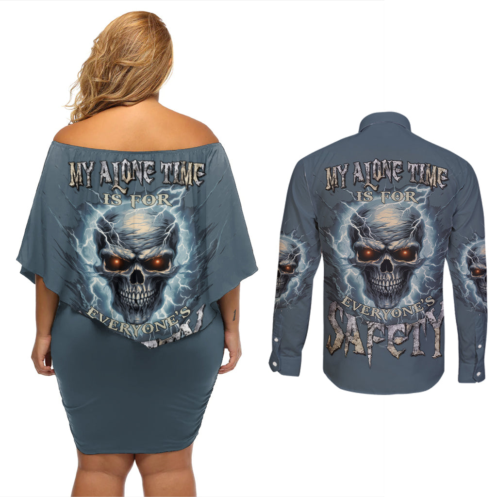 My Alone Time Is For Everyone's Safety Couples Matching Off Shoulder Short Dress and Long Sleeve Button Shirt - Wonder Print Shop