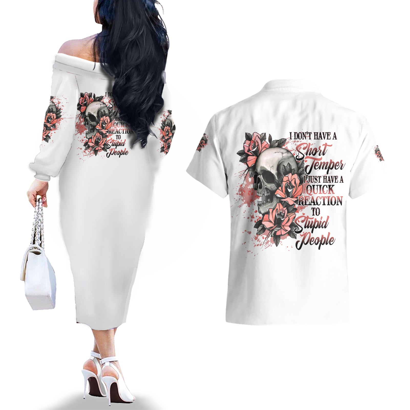 I Don't Have A Short Temper Couples Matching Off The Shoulder Long Sleeve Dress and Hawaiian Shirt - Wonder Print Shop