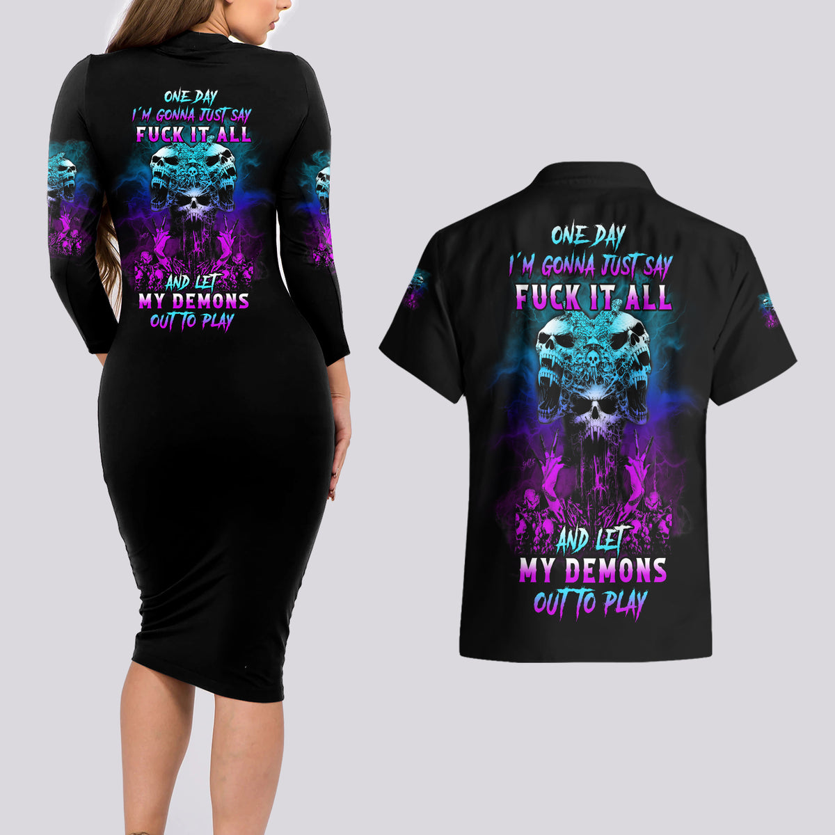 One Day Let My Demons Out To Play Couples Matching Long Sleeve Bodycon Dress and Hawaiian Shirt - Wonder Print Shop