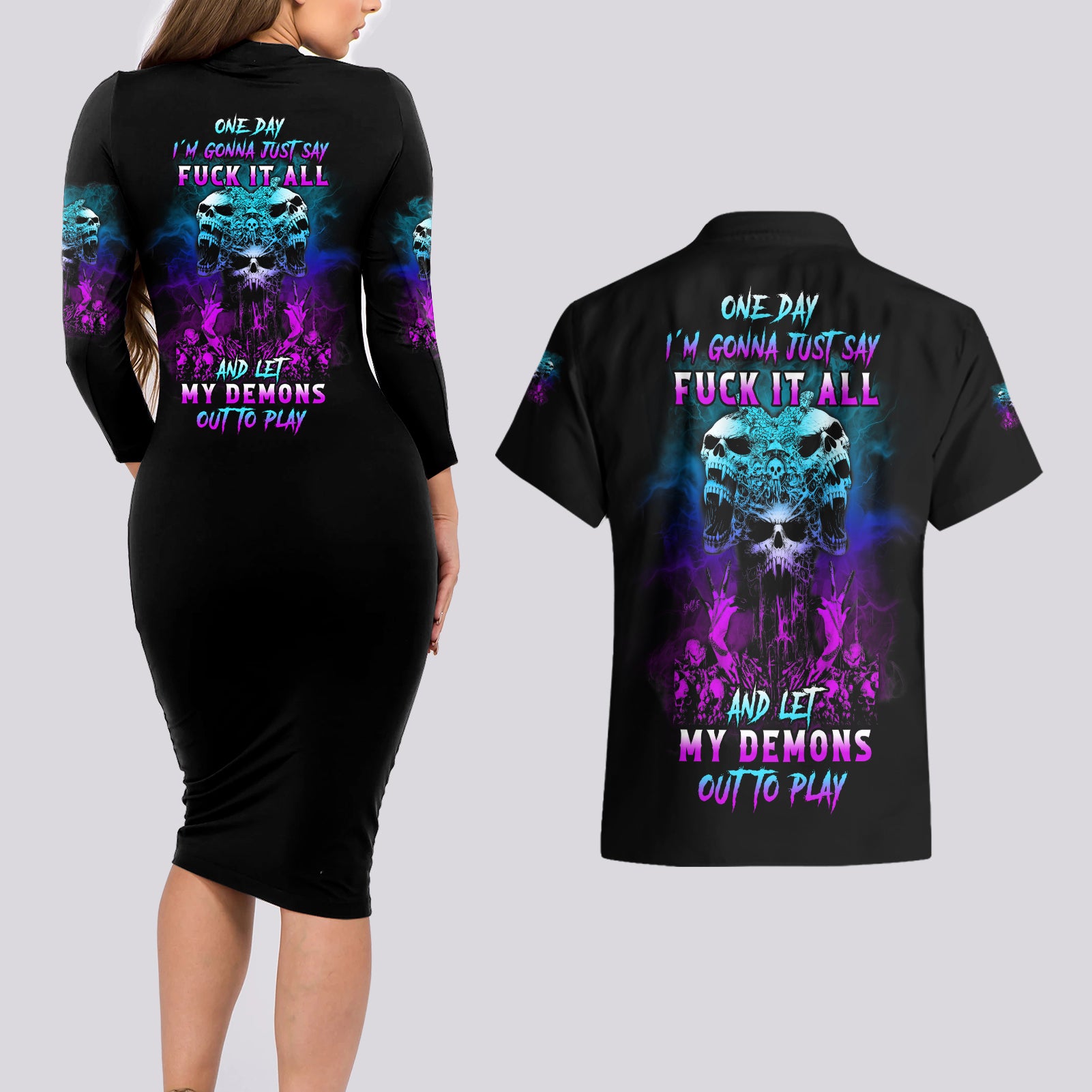 One Day Let My Demons Out To Play Couples Matching Long Sleeve Bodycon Dress and Hawaiian Shirt - Wonder Print Shop