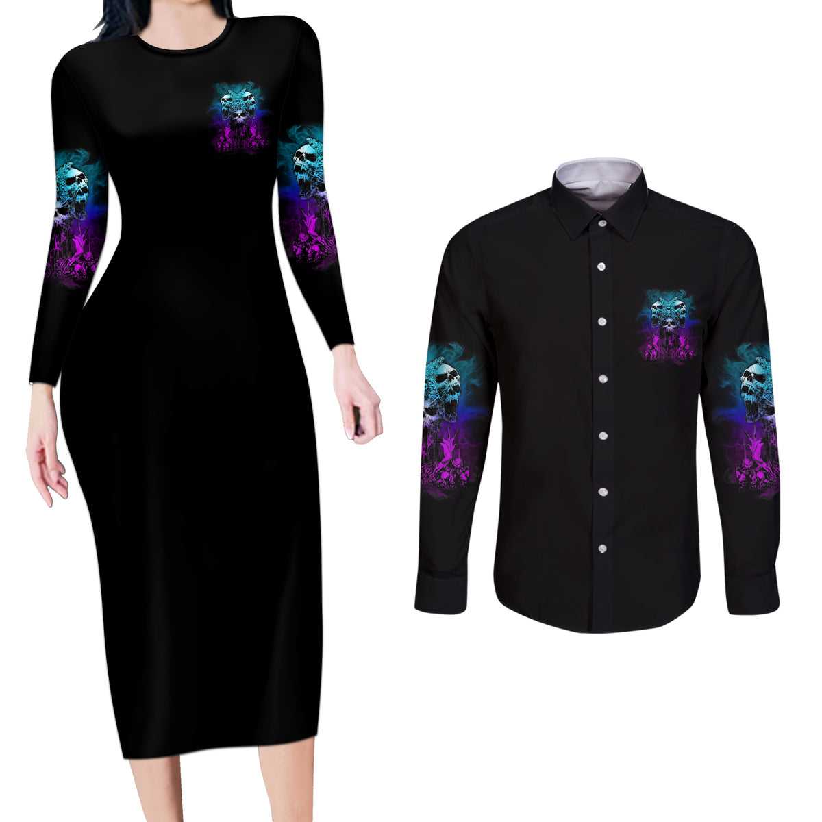 One Day Let My Demons Out To Play Couples Matching Long Sleeve Bodycon Dress and Long Sleeve Button Shirt - Wonder Print Shop