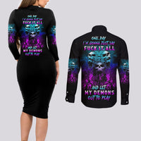 One Day Let My Demons Out To Play Couples Matching Long Sleeve Bodycon Dress and Long Sleeve Button Shirt - Wonder Print Shop
