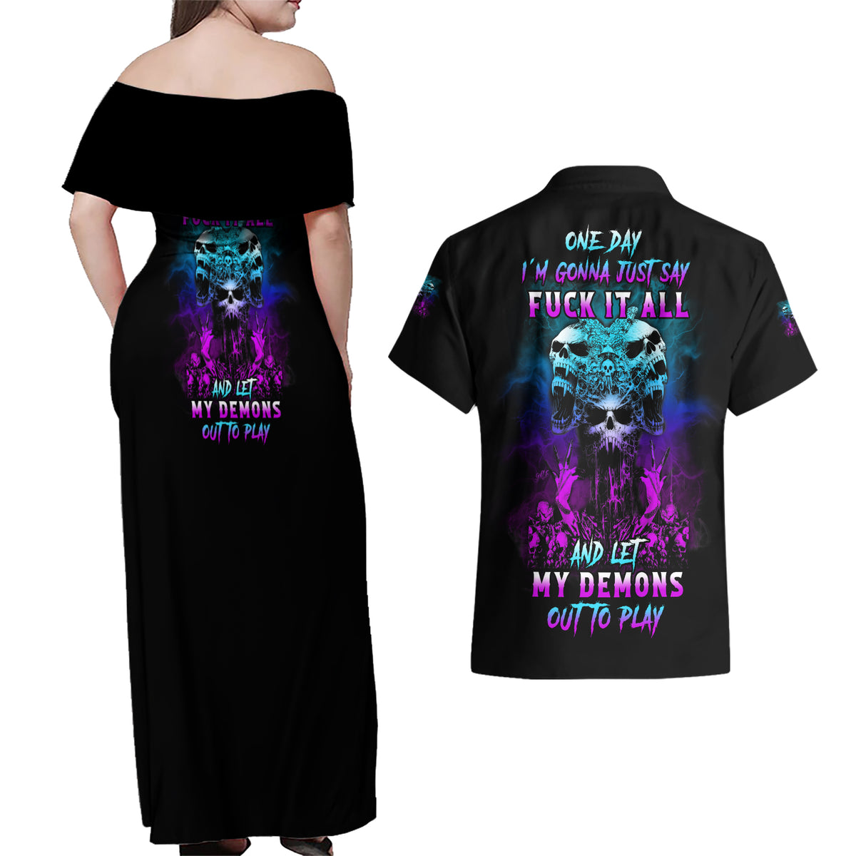 One Day Let My Demons Out To Play Couples Matching Off Shoulder Maxi Dress and Hawaiian Shirt - Wonder Print Shop
