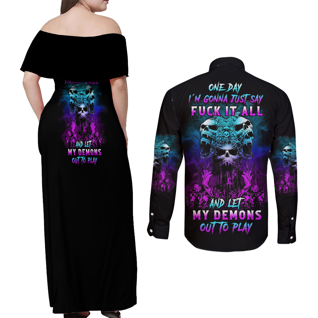One Day Let My Demons Out To Play Couples Matching Off Shoulder Maxi Dress and Long Sleeve Button Shirt - Wonder Print Shop