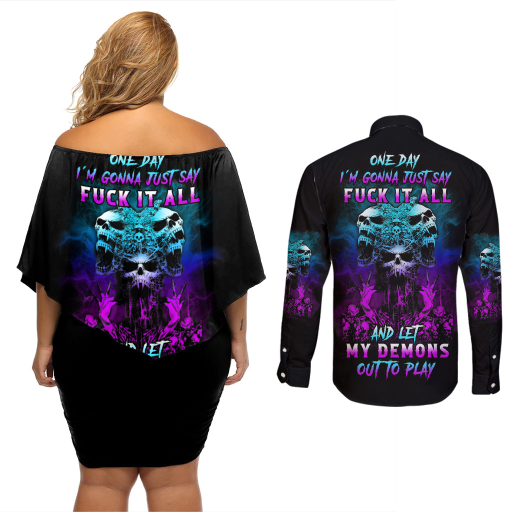 One Day Let My Demons Out To Play Couples Matching Off Shoulder Short Dress and Long Sleeve Button Shirt - Wonder Print Shop