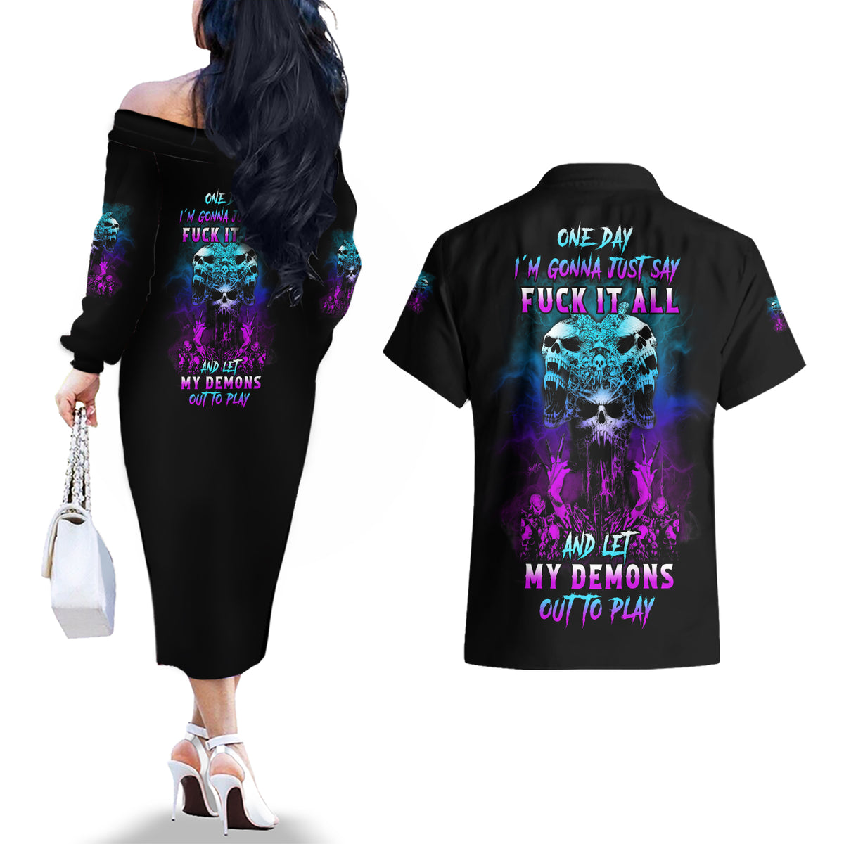 One Day Let My Demons Out To Play Couples Matching Off The Shoulder Long Sleeve Dress and Hawaiian Shirt - Wonder Print Shop