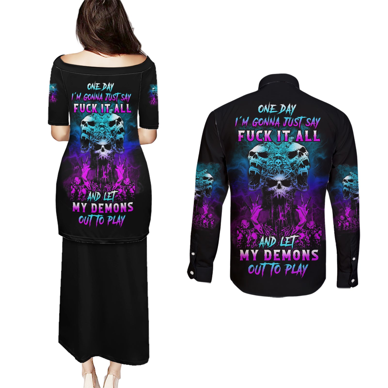 One Day Let My Demons Out To Play Couples Matching Puletasi Dress and Long Sleeve Button Shirt - Wonder Print Shop