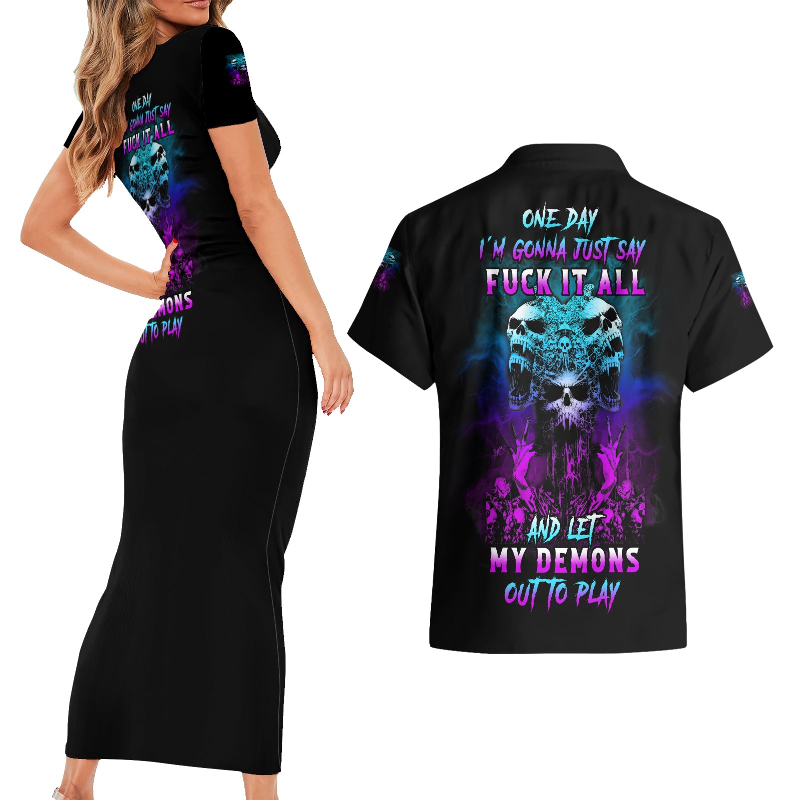 One Day Let My Demons Out To Play Couples Matching Short Sleeve Bodycon Dress and Hawaiian Shirt - Wonder Print Shop