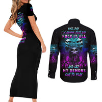 One Day Let My Demons Out To Play Couples Matching Short Sleeve Bodycon Dress and Long Sleeve Button Shirt - Wonder Print Shop
