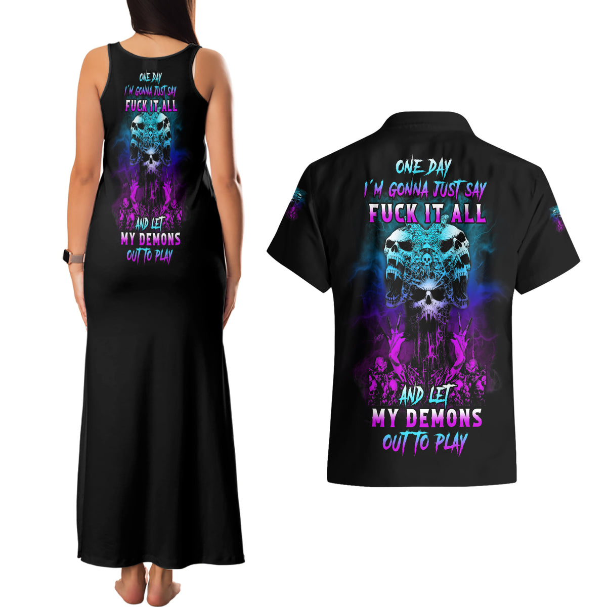 One Day Let My Demons Out To Play Couples Matching Tank Maxi Dress and Hawaiian Shirt - Wonder Print Shop