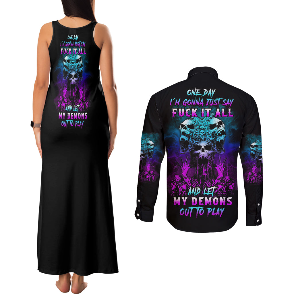 One Day Let My Demons Out To Play Couples Matching Tank Maxi Dress and Long Sleeve Button Shirt - Wonder Print Shop