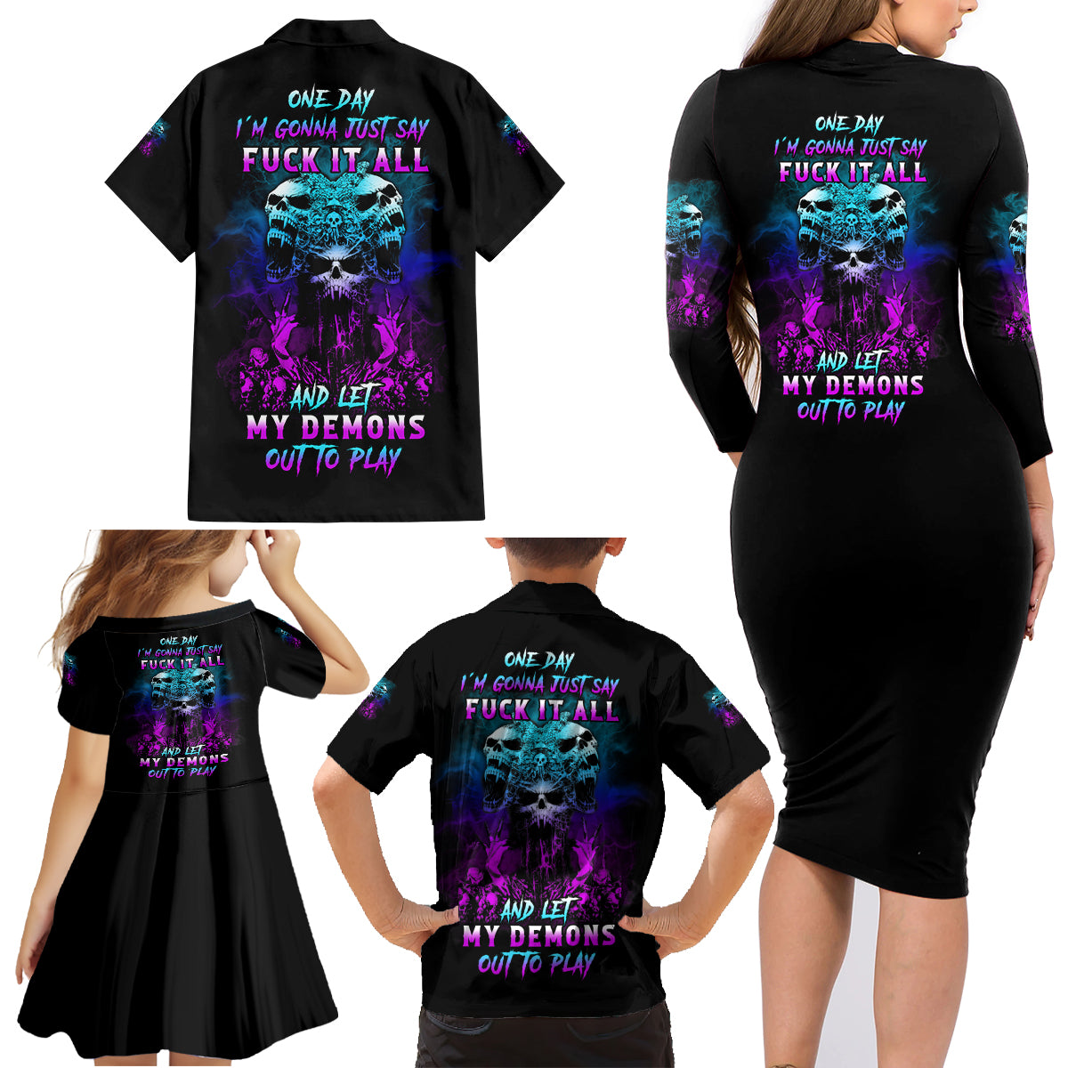 One Day Let My Demons Out To Play Family Matching Long Sleeve Bodycon Dress and Hawaiian Shirt - Wonder Print Shop