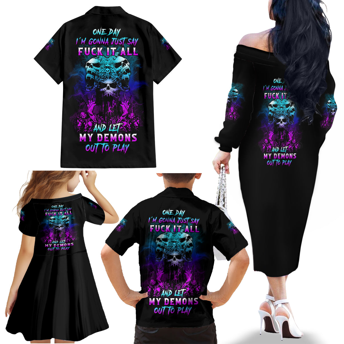 One Day Let My Demons Out To Play Family Matching Off Shoulder Long Sleeve Dress and Hawaiian Shirt - Wonder Print Shop