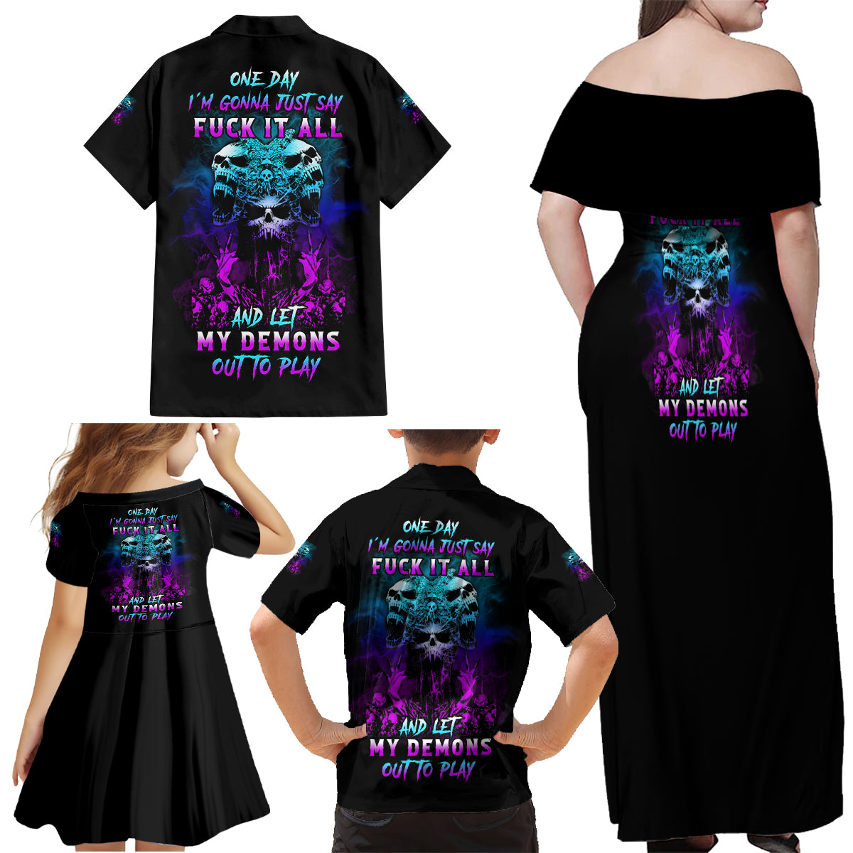 One Day Let My Demons Out To Play Family Matching Off Shoulder Maxi Dress and Hawaiian Shirt - Wonder Print Shop