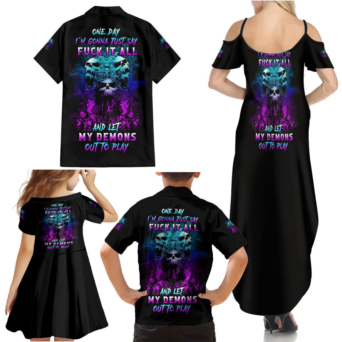 One Day Let My Demons Out To Play Family Matching Summer Maxi Dress and Hawaiian Shirt - Wonder Print Shop