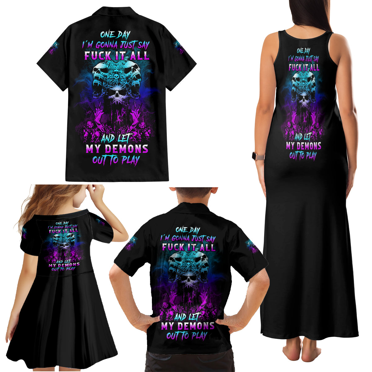 One Day Let My Demons Out To Play Family Matching Tank Maxi Dress and Hawaiian Shirt - Wonder Print Shop