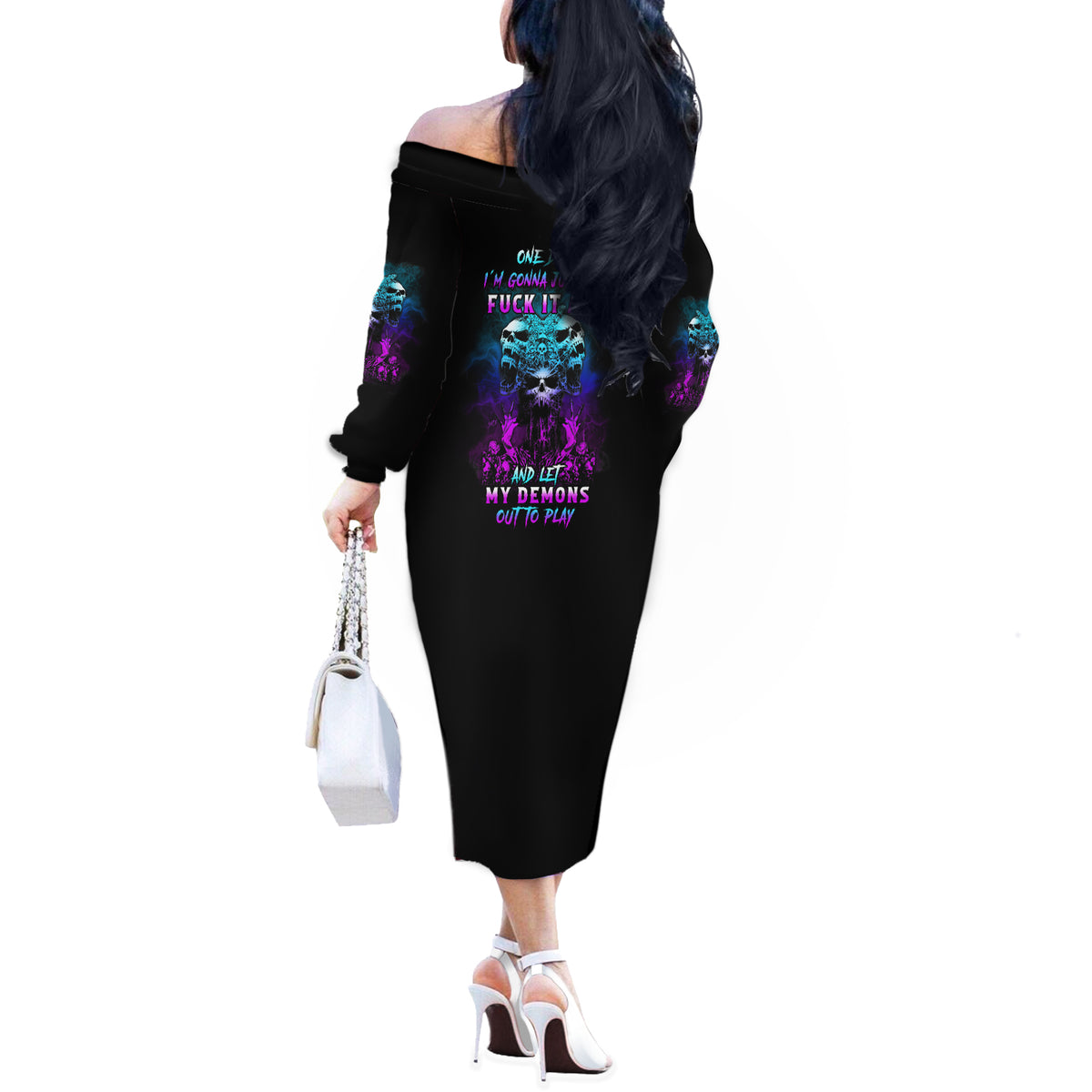One Day Let My Demons Out To Play Off The Shoulder Long Sleeve Dress - Wonder Print Shop