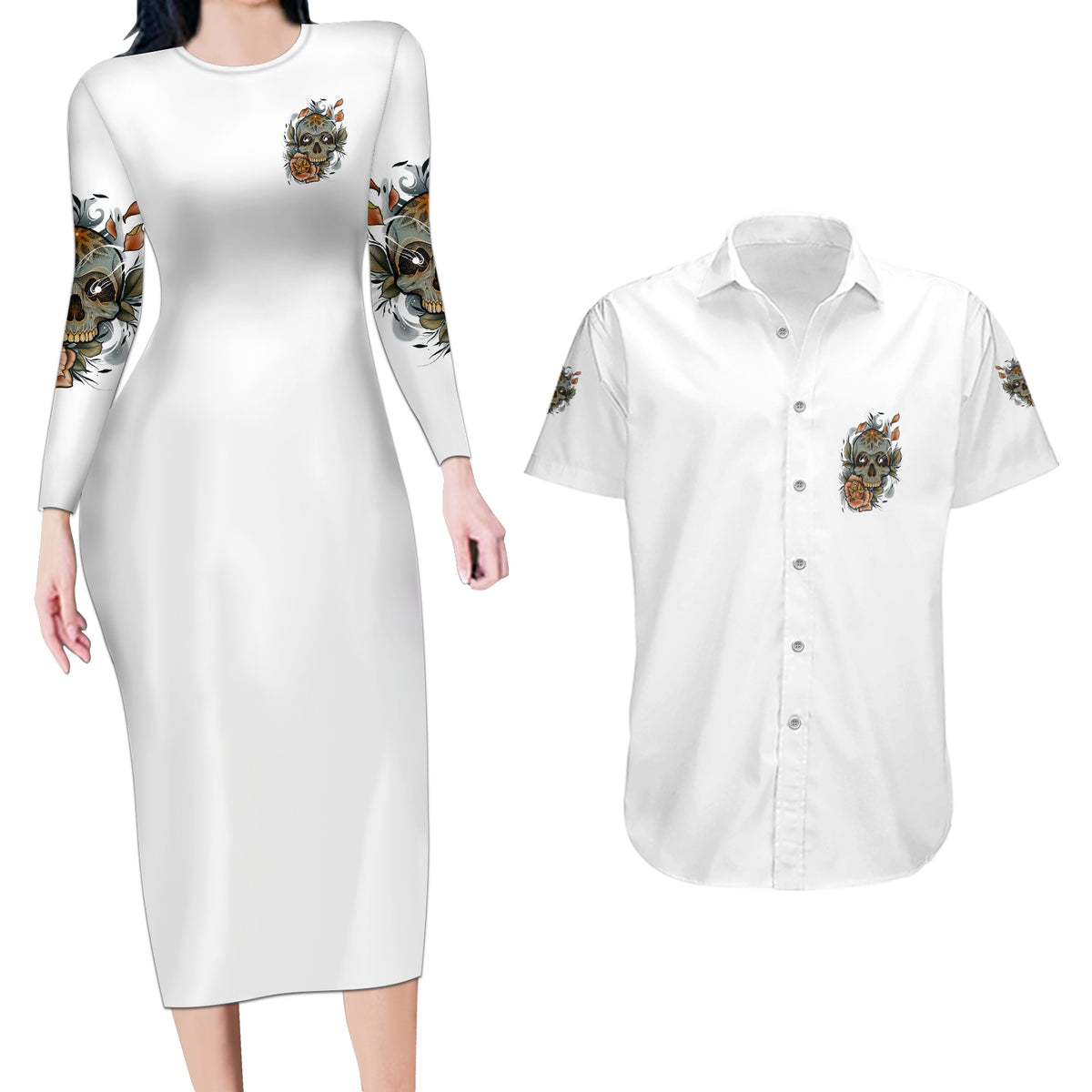 I Don't Need A Middle Skull Couples Matching Long Sleeve Bodycon Dress and Hawaiian Shirt - Wonder Print Shop