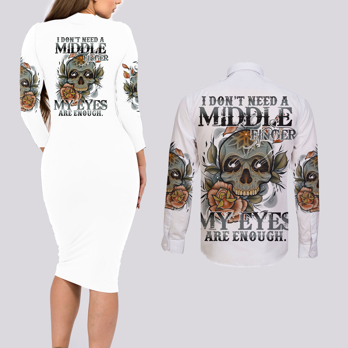 I Don't Need A Middle Skull Couples Matching Long Sleeve Bodycon Dress and Long Sleeve Button Shirt - Wonder Print Shop