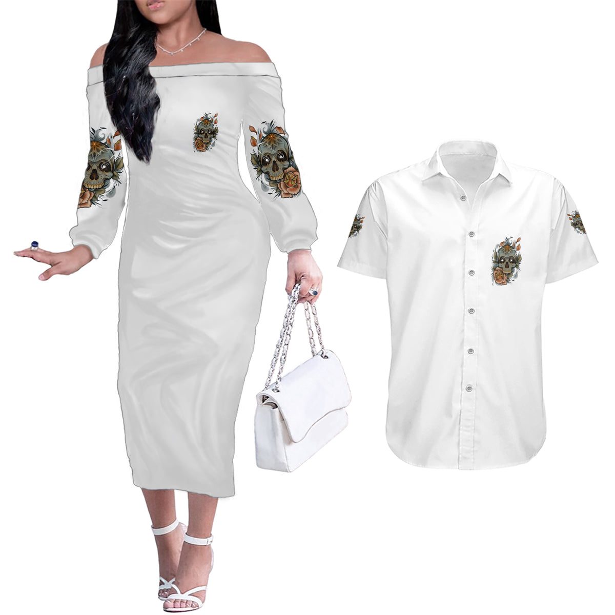 I Don't Need A Middle Skull Couples Matching Off The Shoulder Long Sleeve Dress and Hawaiian Shirt - Wonder Print Shop