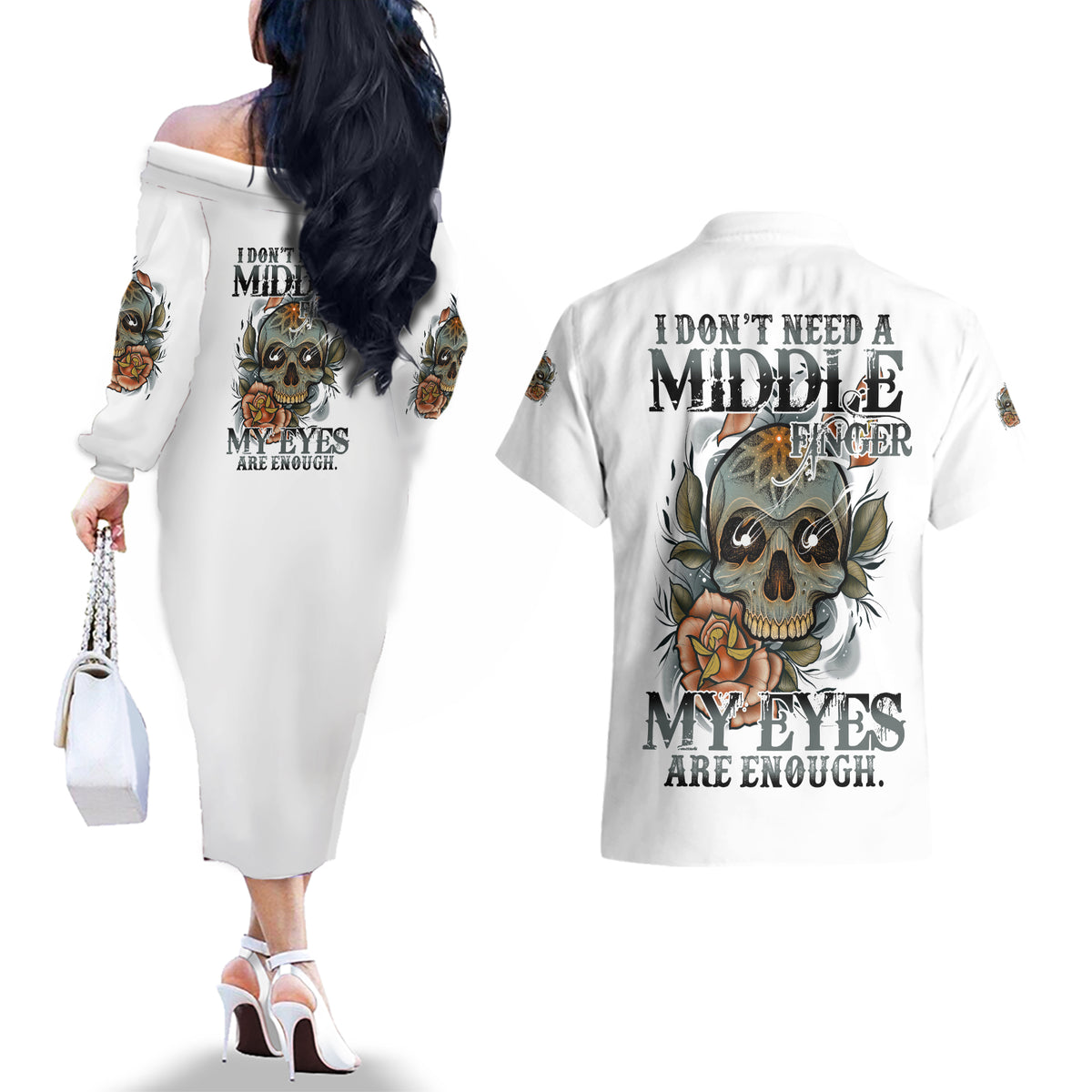 I Don't Need A Middle Skull Couples Matching Off The Shoulder Long Sleeve Dress and Hawaiian Shirt - Wonder Print Shop