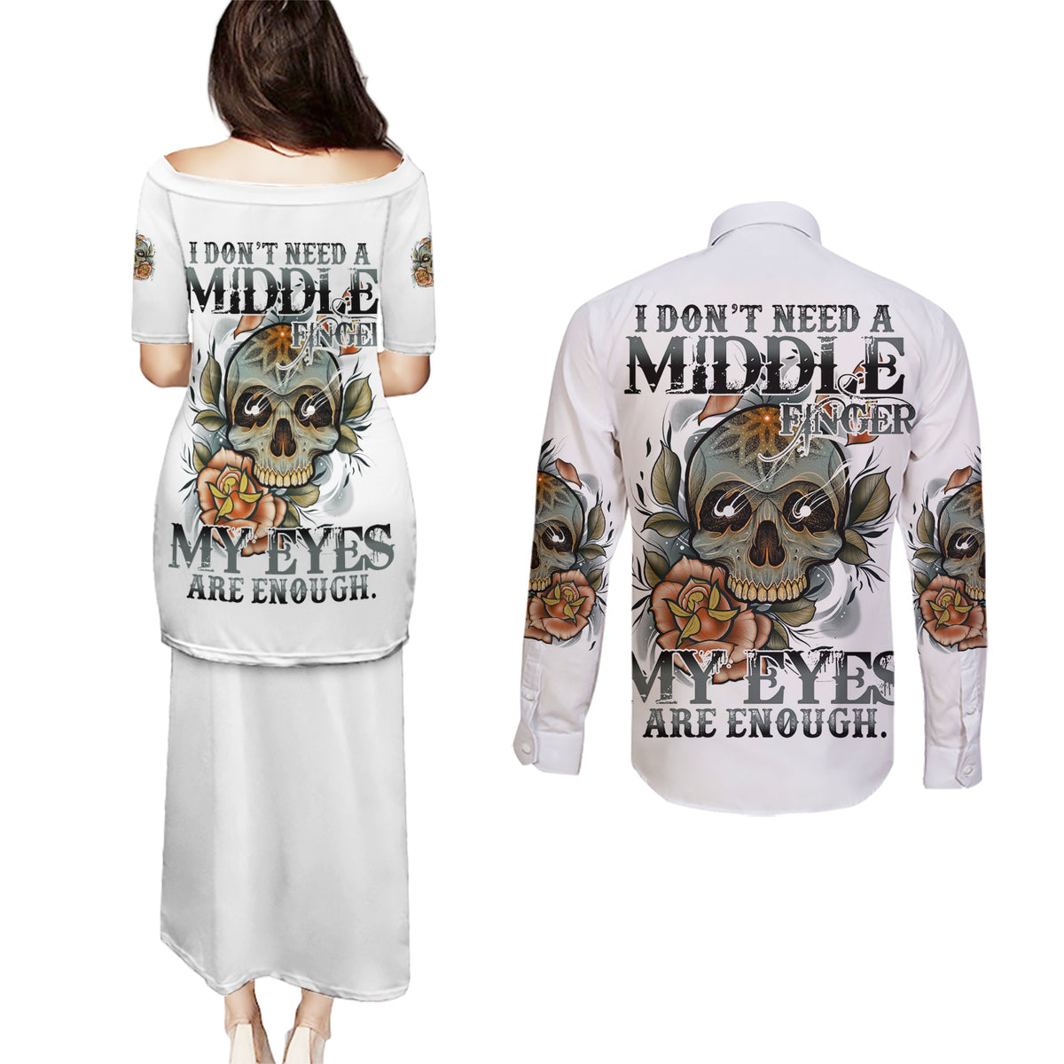 I Don't Need A Middle Skull Couples Matching Puletasi Dress and Long Sleeve Button Shirt - Wonder Print Shop
