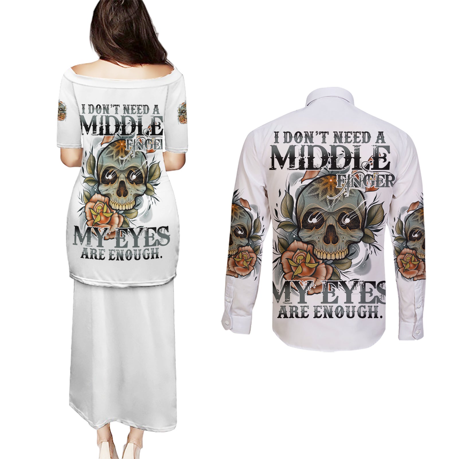 I Don't Need A Middle Skull Couples Matching Puletasi Dress and Long Sleeve Button Shirt - Wonder Print Shop