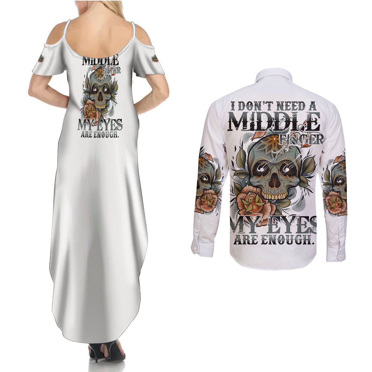 I Don't Need A Middle Skull Couples Matching Summer Maxi Dress and Long Sleeve Button Shirt - Wonder Print Shop