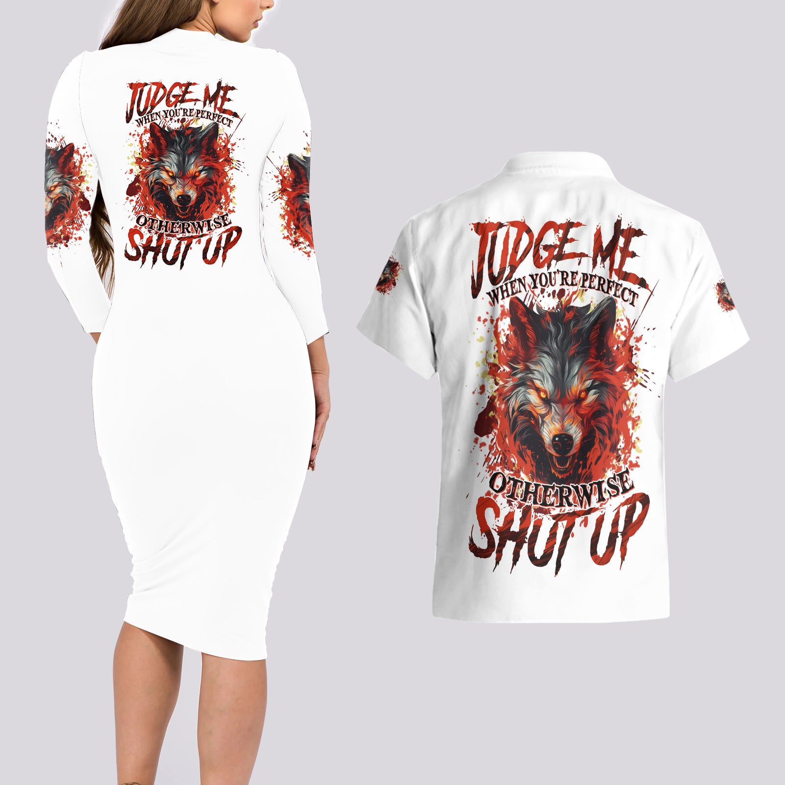 Judge Me When Wolf Couples Matching Long Sleeve Bodycon Dress and Hawaiian Shirt - Wonder Print Shop