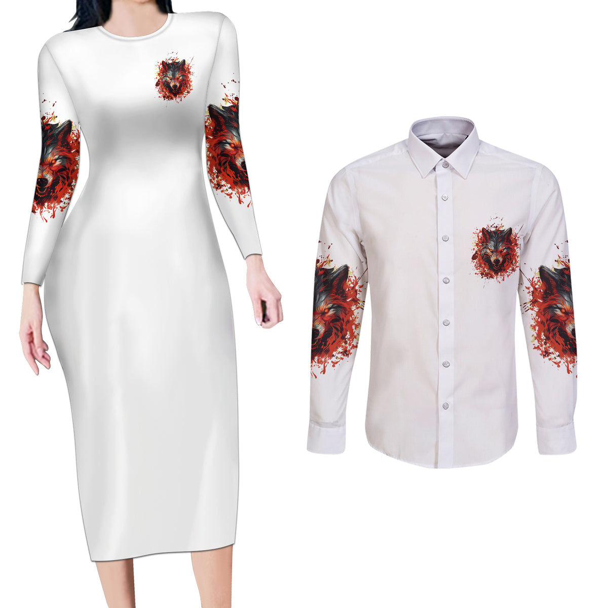 Judge Me When Wolf Couples Matching Long Sleeve Bodycon Dress and Long Sleeve Button Shirt - Wonder Print Shop