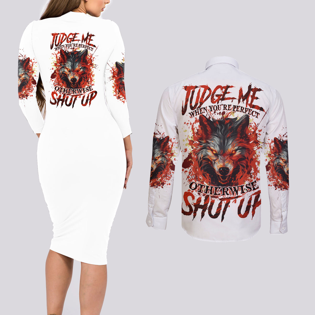 Judge Me When Wolf Couples Matching Long Sleeve Bodycon Dress and Long Sleeve Button Shirt - Wonder Print Shop