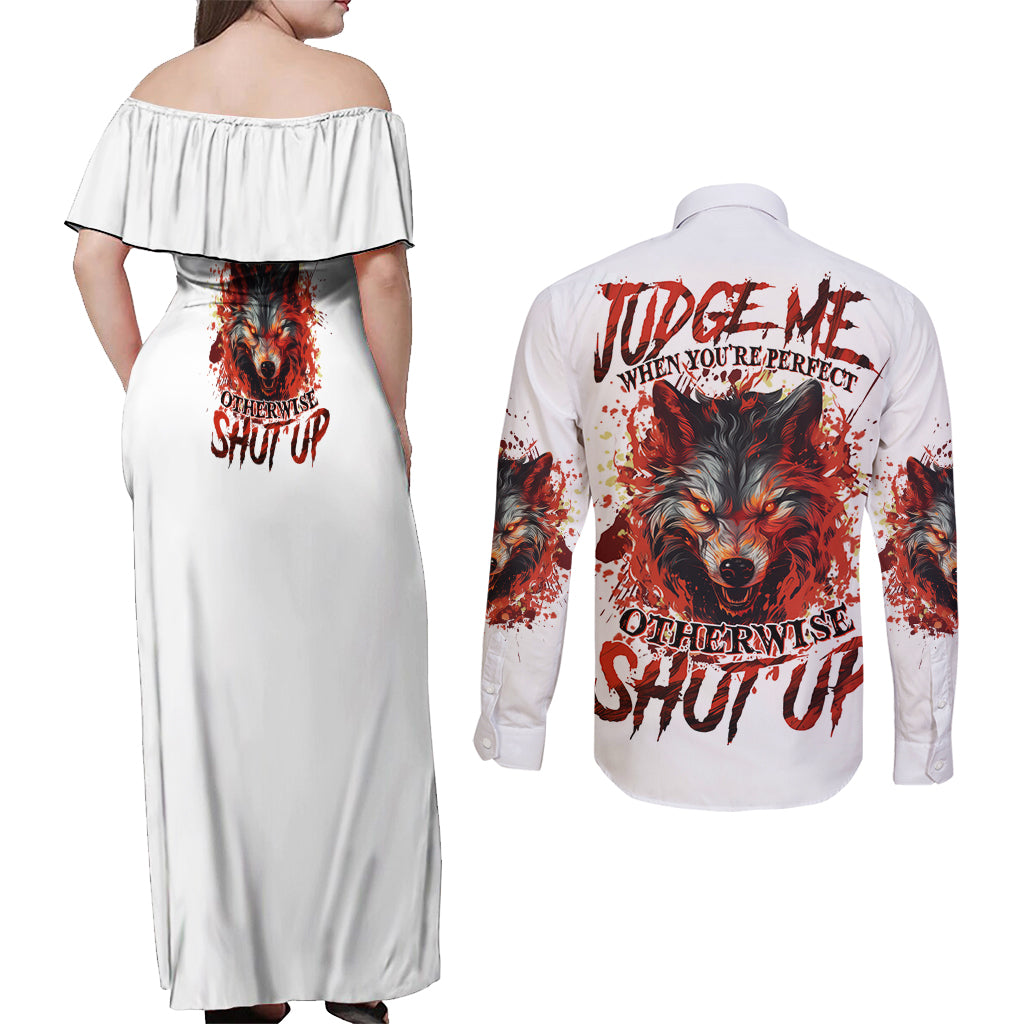 Judge Me When Wolf Couples Matching Off Shoulder Maxi Dress and Long Sleeve Button Shirt - Wonder Print Shop