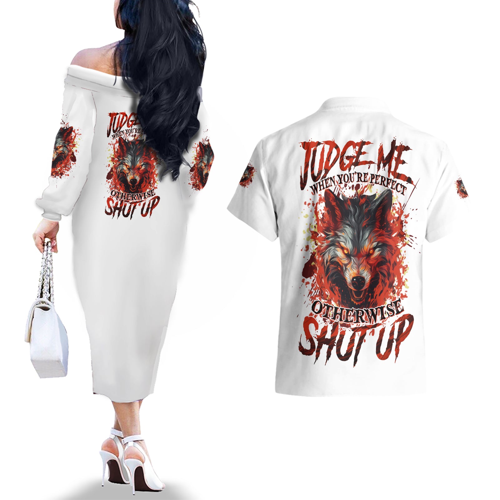Judge Me When Wolf Couples Matching Off The Shoulder Long Sleeve Dress and Hawaiian Shirt - Wonder Print Shop