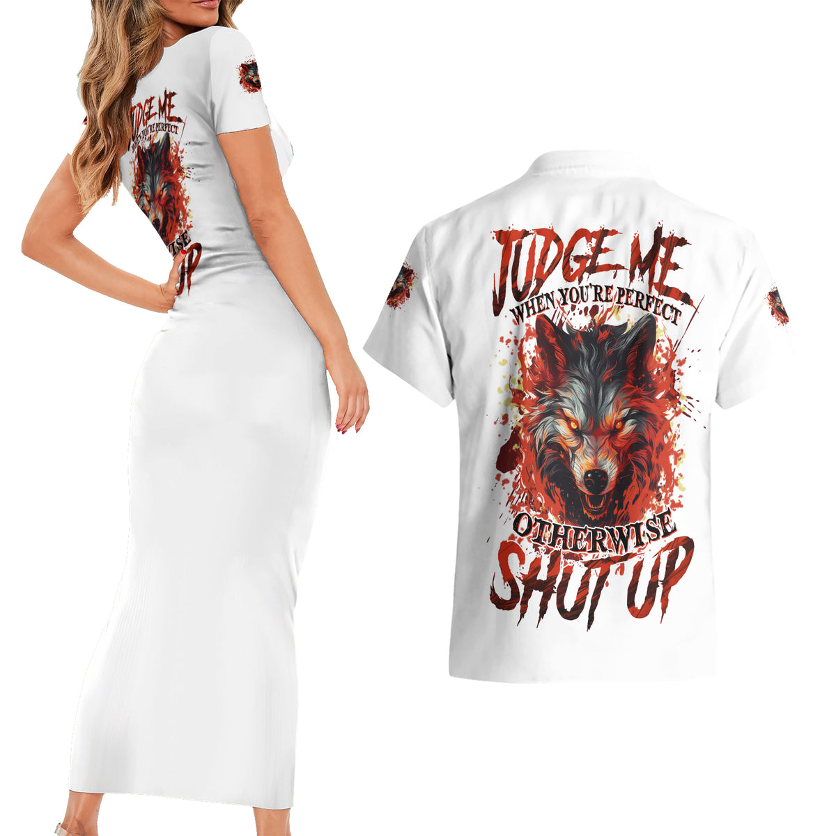 Judge Me When Wolf Couples Matching Short Sleeve Bodycon Dress and Hawaiian Shirt - Wonder Print Shop