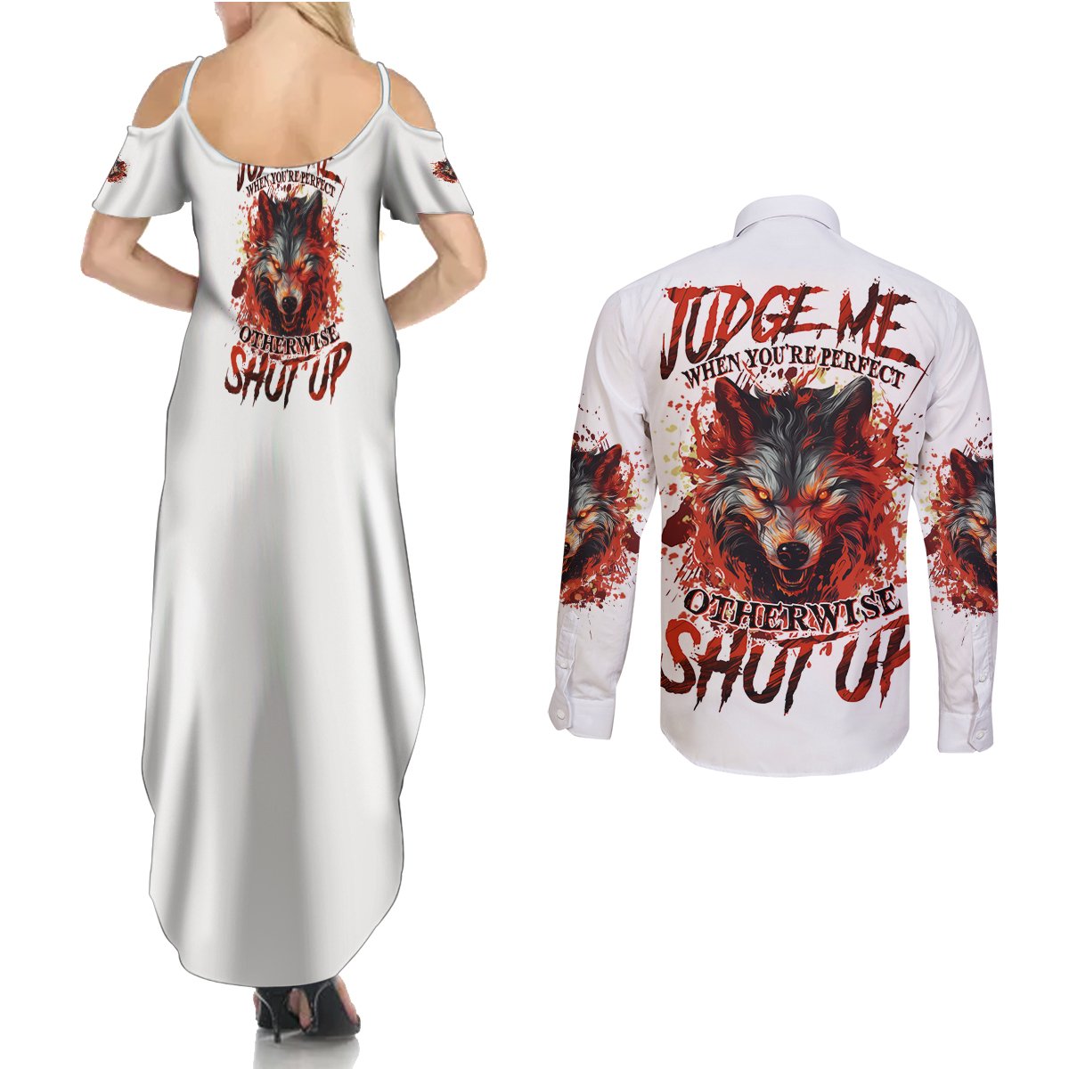 Judge Me When Wolf Couples Matching Summer Maxi Dress and Long Sleeve Button Shirt - Wonder Print Shop