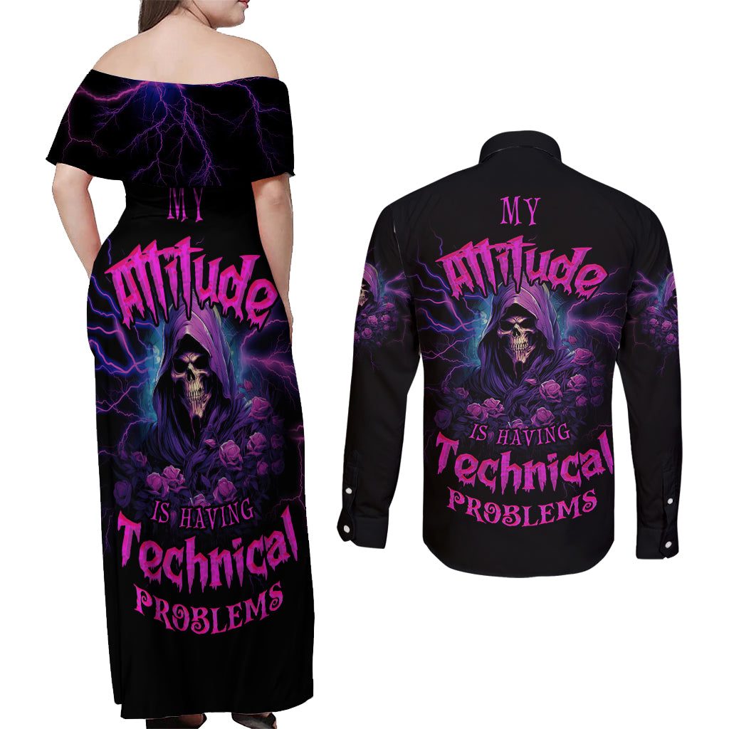 My Attitude Is Having Technical Problems Couples Matching Off Shoulder Maxi Dress and Long Sleeve Button Shirt - Wonder Print Shop