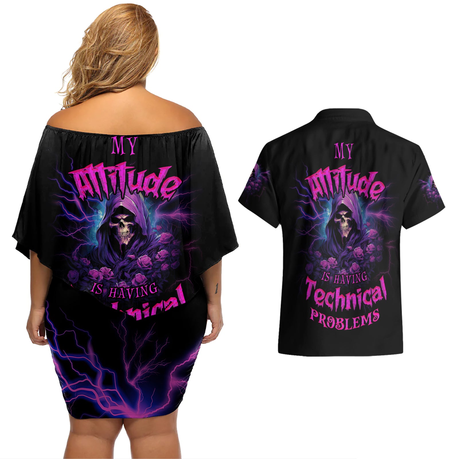 My Attitude Is Having Technical Problems Couples Matching Off Shoulder Short Dress and Hawaiian Shirt - Wonder Print Shop
