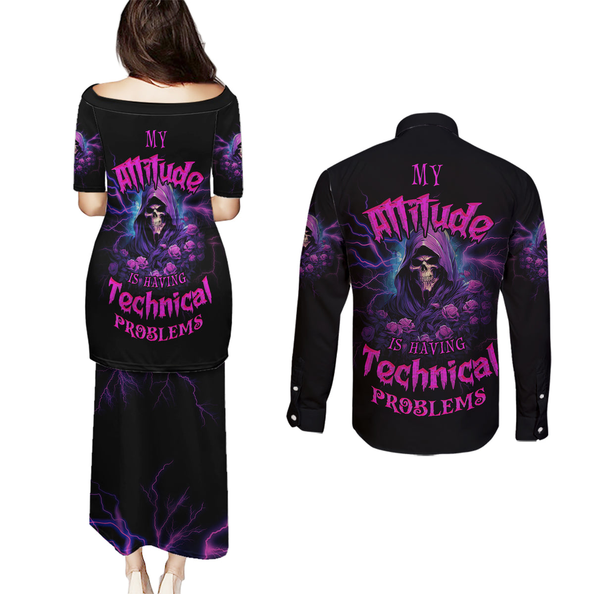 My Attitude Is Having Technical Problems Couples Matching Puletasi Dress and Long Sleeve Button Shirt - Wonder Print Shop