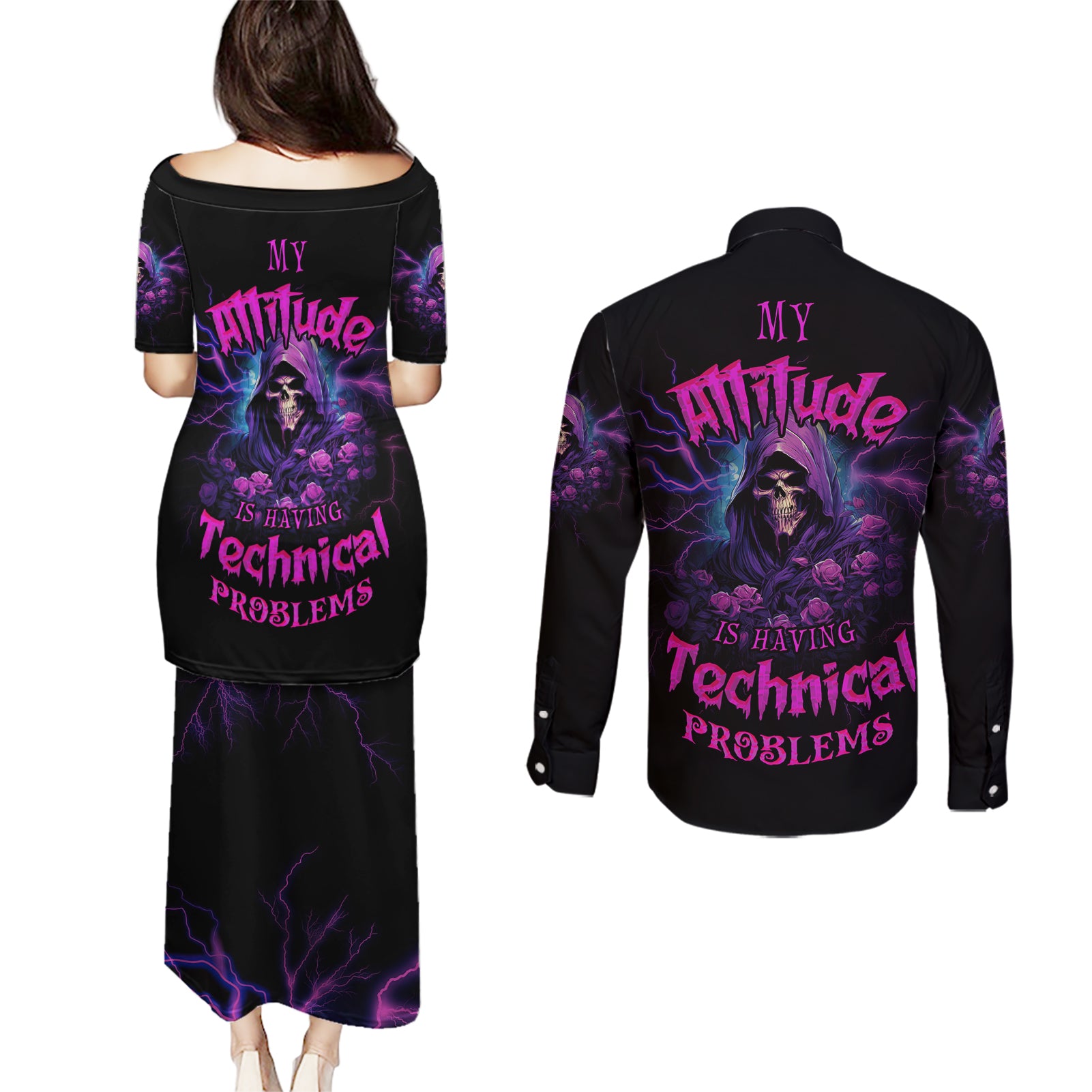 My Attitude Is Having Technical Problems Couples Matching Puletasi Dress and Long Sleeve Button Shirt - Wonder Print Shop