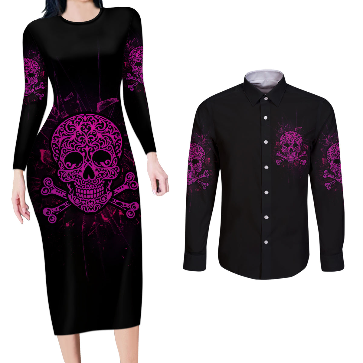 Can You See The F You Skull Rose Couples Matching Long Sleeve Bodycon Dress and Long Sleeve Button Shirt - Wonder Print Shop