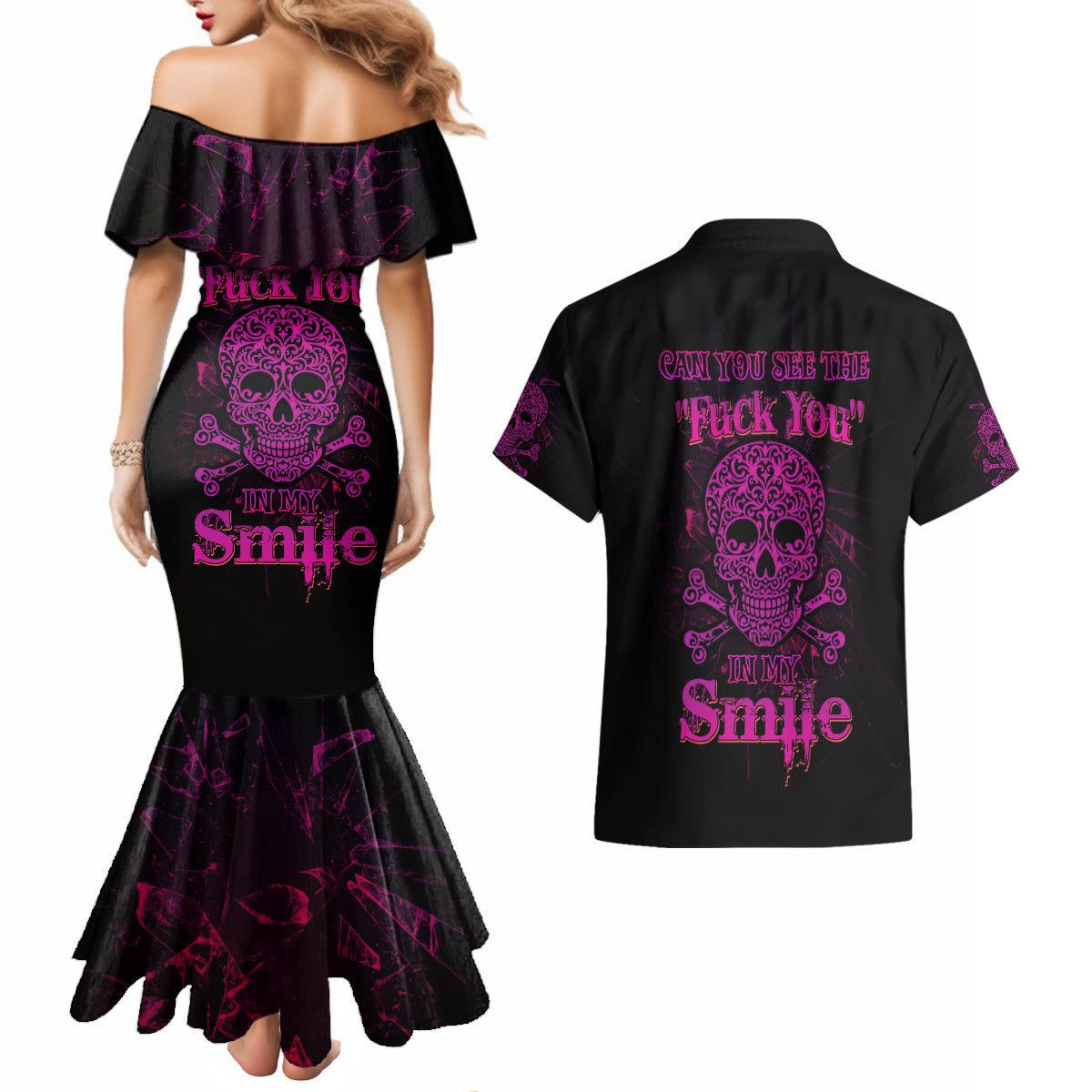 Can You See The F You Skull Rose Couples Matching Mermaid Dress and Hawaiian Shirt - Wonder Print Shop
