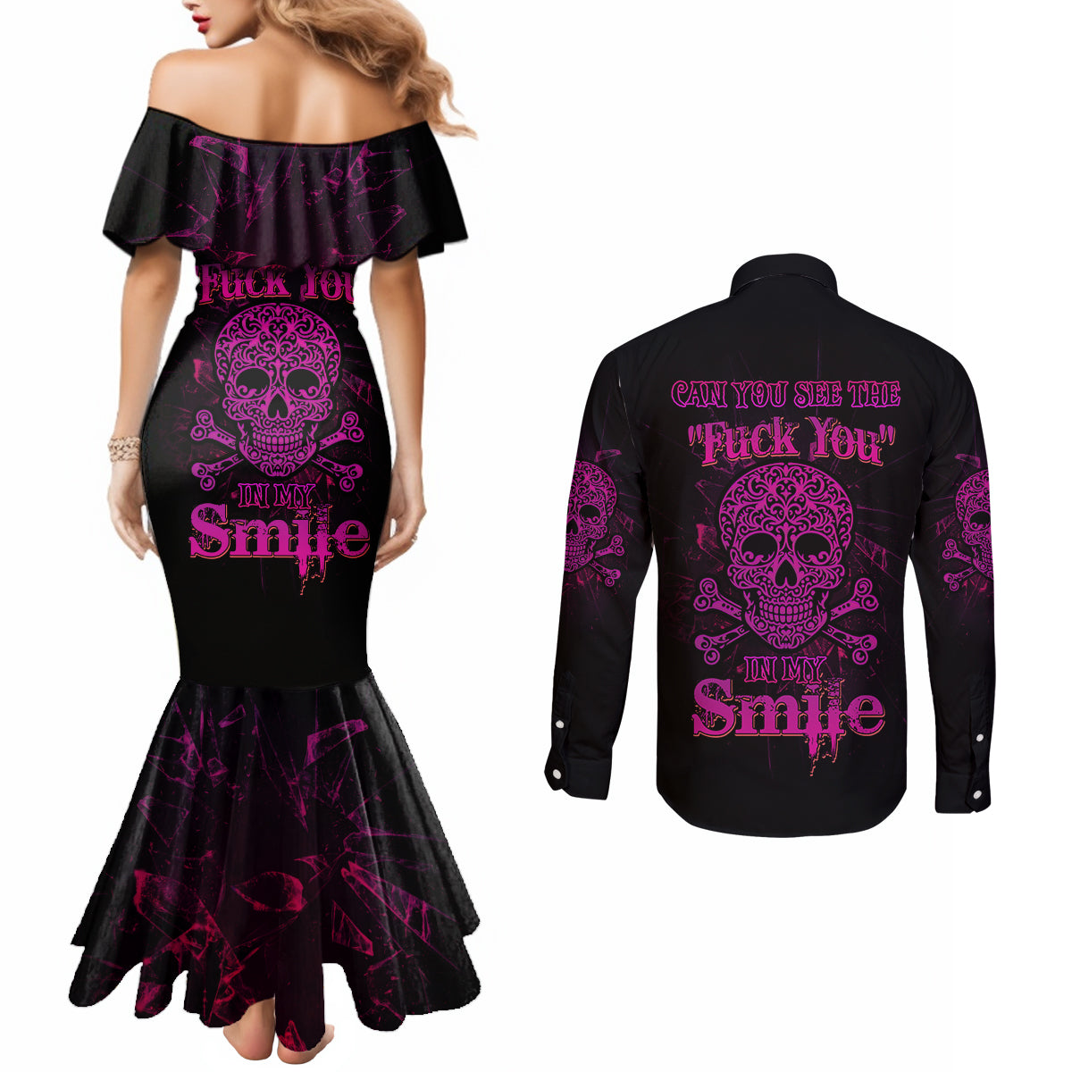 can-you-see-the-f-you-skull-rose-couples-matching-mermaid-dress-and-long-sleeve-button-shirt
