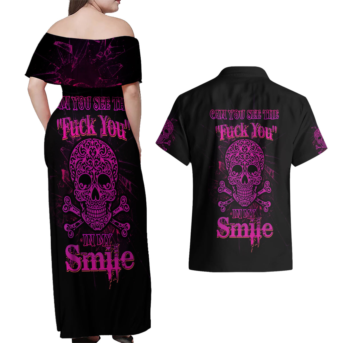 Can You See The F You Skull Rose Couples Matching Off Shoulder Maxi Dress and Hawaiian Shirt - Wonder Print Shop