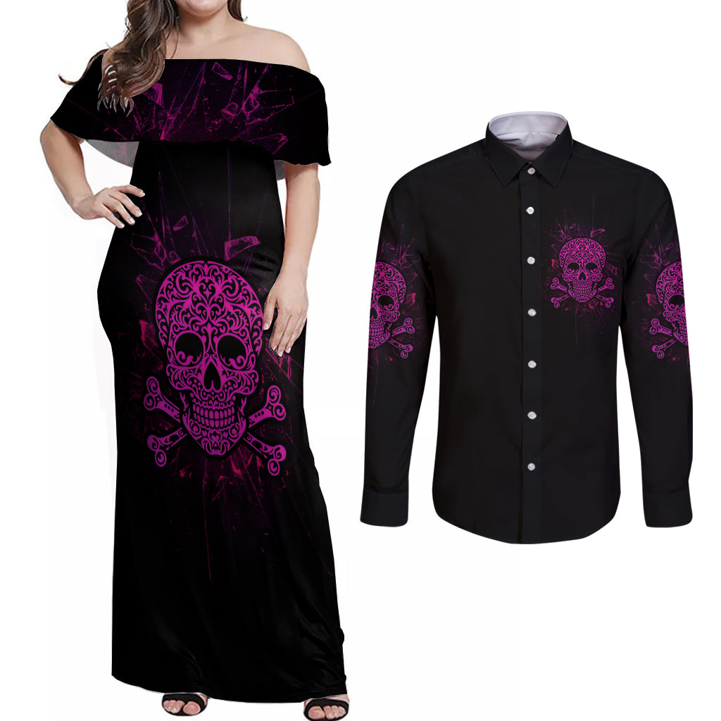 Can You See The F You Skull Rose Couples Matching Off Shoulder Maxi Dress and Long Sleeve Button Shirt - Wonder Print Shop